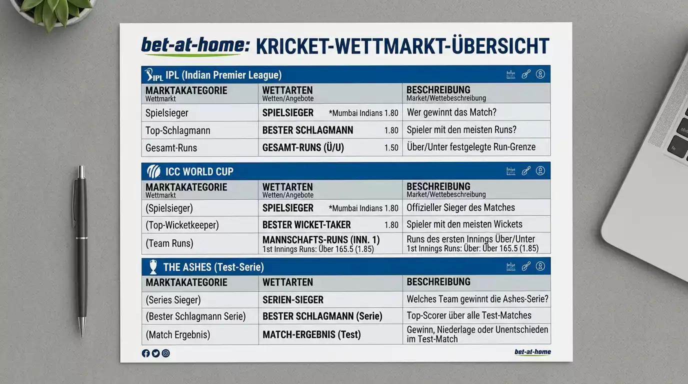 bet-at-home Cricket-Wettmarkt Überblick – Match-Winner, Top-Batsman und Over/Under bei IPL und ICC
