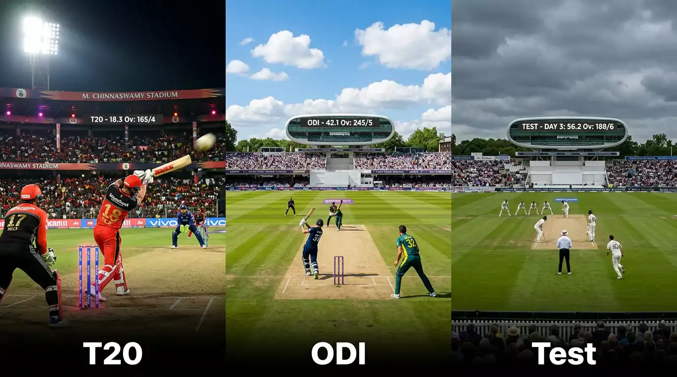 Vergleich der drei Cricket-Formate T20, ODI und Test Match mit Wettmarkt-Unterschieden für deutsche Sportwetter
