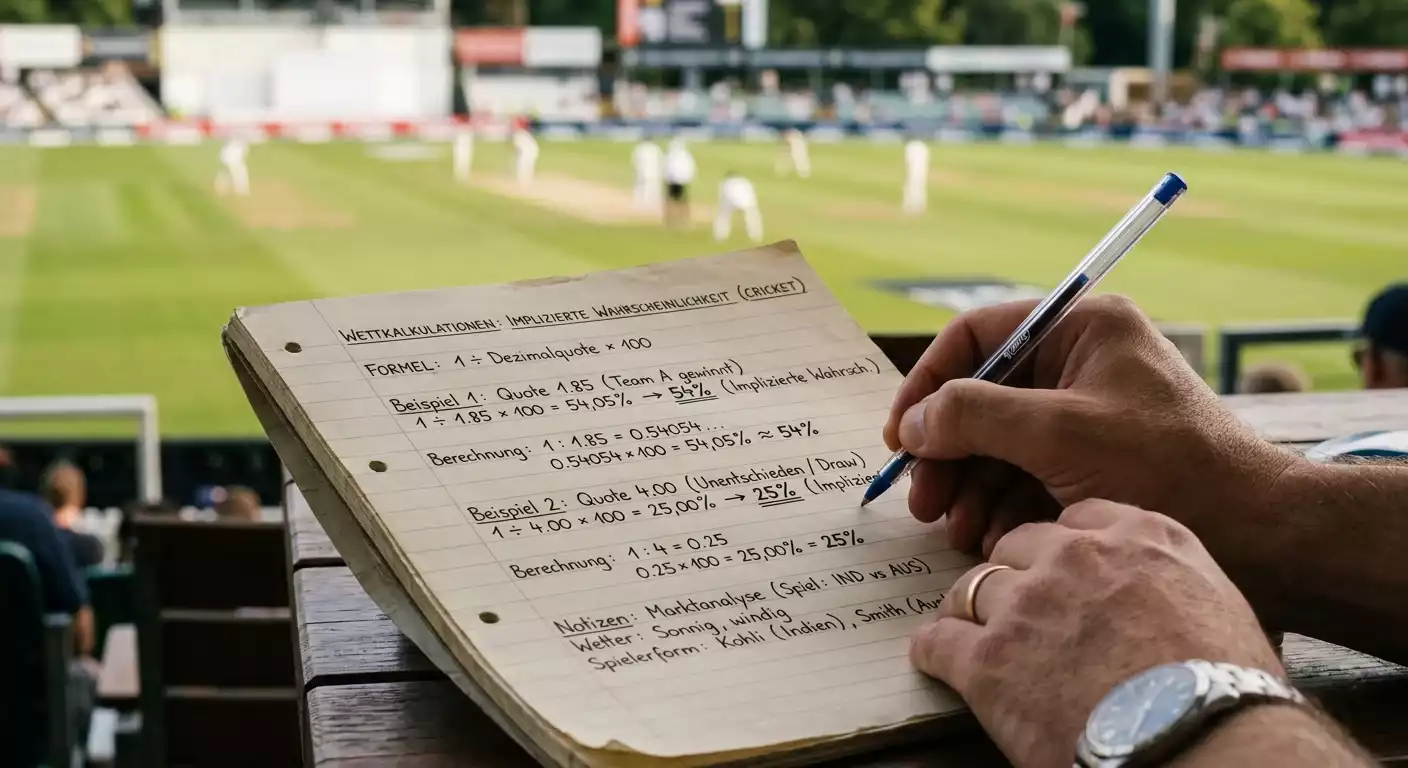 Erklärung von Dezimalquoten bei Cricket-Wetten mit Umrechnungsformel für implizite Wahrscheinlichkeit