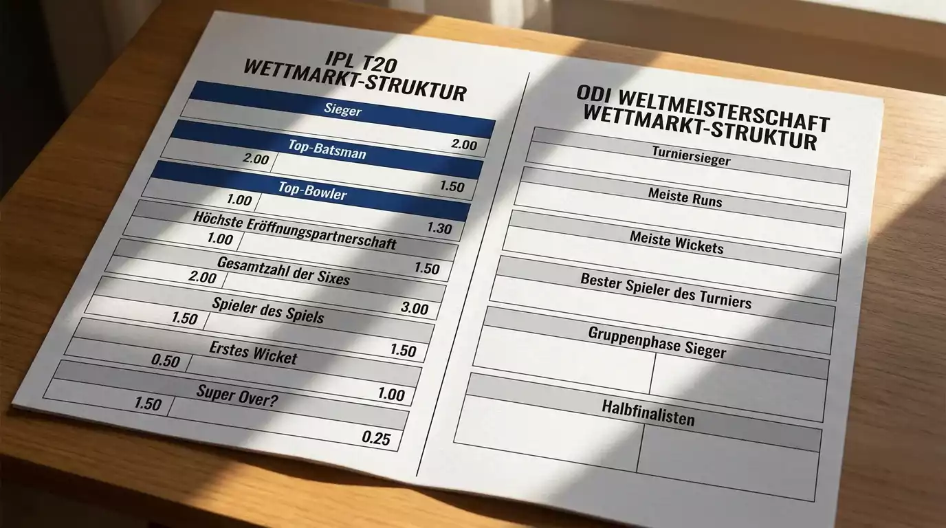Vergleich der Wettmärkte beim ICC Cricket World Cup ODI-Format mit IPL T20