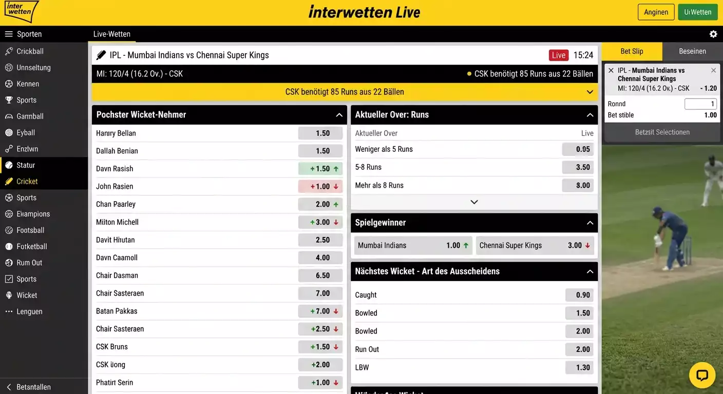 Interwetten Cricket Live-Wetten – In-Play-Märkte für IPL T20-Spiele mit Echtzeit-Quotenaktualisierung