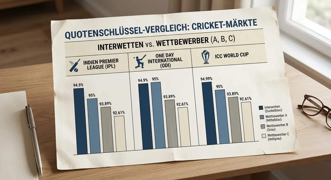 Interwetten Cricket Quotenvergleich – Auszahlungsquoten bei IPL, ODI und ICC World Cup gegenüber Marktbegleitern