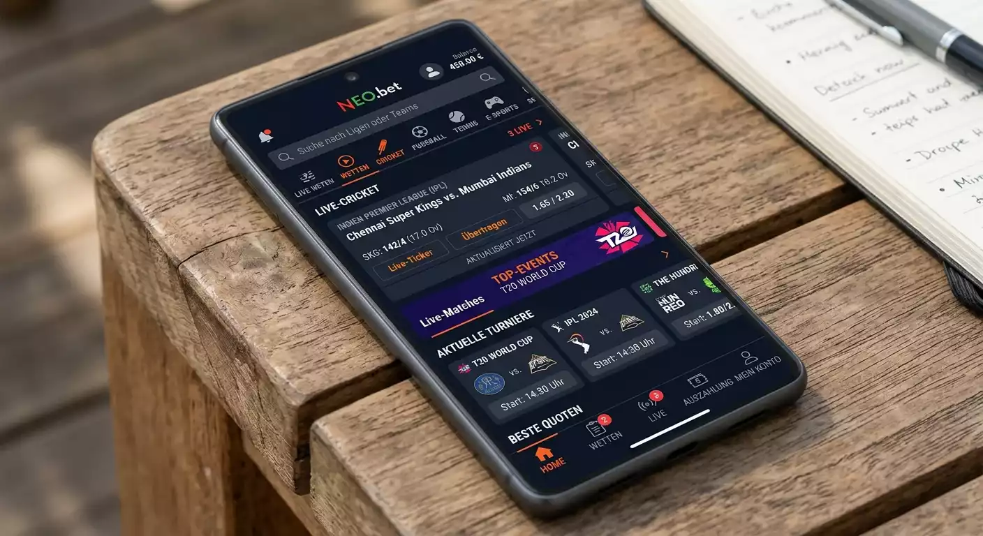 NEO.bet Cricket Wetten App Interface – übersichtliche Navigation und Live-Wetten auf iOS und Android