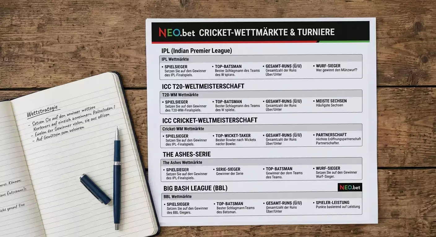 NEO.bet Cricket Marktangebot – verfügbare Ligen und Wettarten für deutsche Spieler 2026