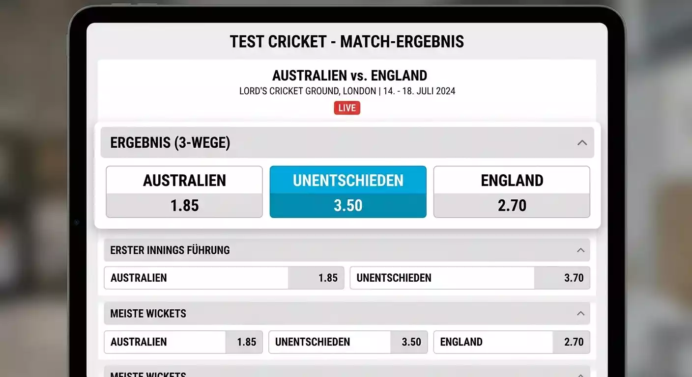 Test Cricket Draw-Wetten – Match Result Markt mit drei Ergebnissen beim 5-Tage-Format